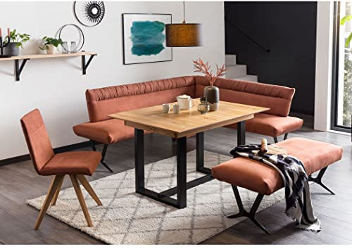expendio Tischgruppe Esstisch Gunar 1XL 130(180) x90 cm Eiche rustikal massiv + 2X Bank Gelia 2 + 1x Stuhl Gelia Bezug Kombi Picante, kurzer Schenkel bei Eckbank:rechts