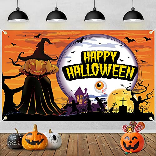 VICSOM Halloween Dekoration Banner - Happy Halloween Hintergrund für Drinnen Draußen Party mit Kürbis