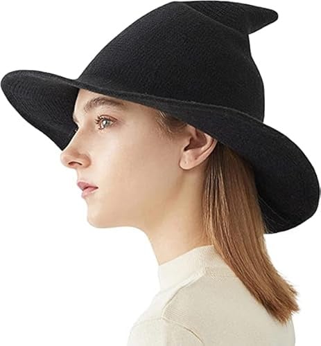 ITODA Women Witch Pointed Hat Halloween Witch Hats Foldable Knitted Wool Cap Vintage Wizard Witches Hat Fancy Dress Accessory Halloween Cosplay Party Costume Accessory for Adults