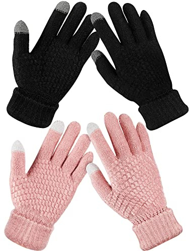 2 Paar Damen Winter Touchscreen Handschuhe Warm Fleece Gefüttert Strickhandschuhe Elastische Manschette Winter Texting Handschuhe