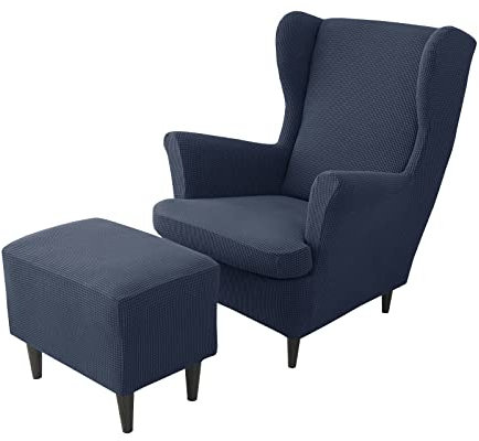 JHLD Stretch Husse für Ohrensessel Mit Ottomane Schonbezug, 2 Stück Husse für Ohrensessel Jacquard Ohrensessel Schonbezug Hockerbezug Für Hunde Katzen -Navy blau-3 Stück
