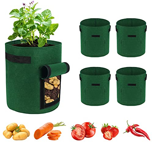 Ohiyoo 5 Pack Potato Grow Bags, 15 Gallon Vegetable Growing Bags with Window Flap and Handles, Breathable Felt Nonwoven Fabric Growing Bag for Tomatoes, Garden Flower Pots Plant Planting Containers