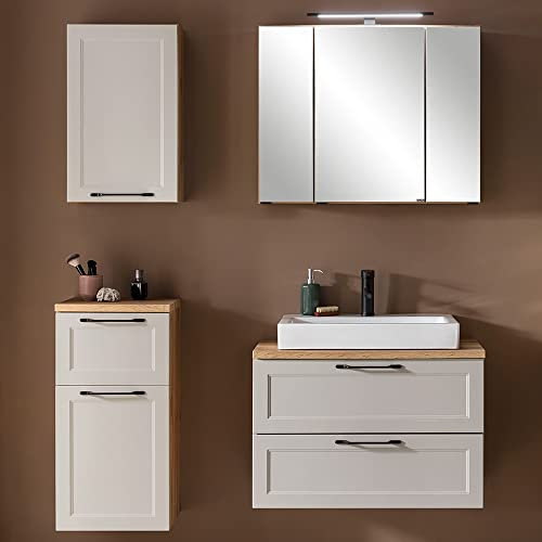 Lomadox Badmöbel Set 4-teilig Waschtisch 80 cm mit Kermaik-Aufsatzbecken Spiegelschrank Hängeschrank Badschrank in Kaschmir Eiche, B/H/T ca. 140/200/47 cm