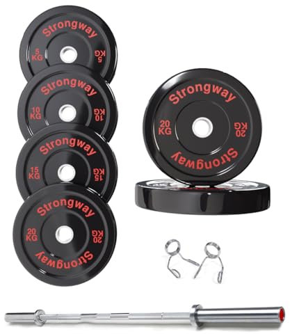 Strongway® Olympic 50KG 70KG 100KG Bumper Weight Plates Sets with 6FT 7FT Barbell - 2 Inch (2) / 50mm Hole - Rubber Coated Cast Iron Weight Lifting Bar (70KG SET + 7FT BAR)