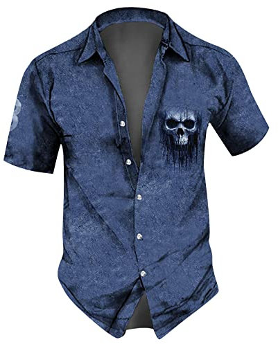 RMBLYfeiye Funktionsshirt Herren Hawaii Hemd Herren Longshirt Herren Reverskragen Druckknopf Totenkopf Drucken Hemd Kurzarm Regular Fit Arbeitshemd Locker Sommerhemd Longsleeve Herren (Blau, XL)