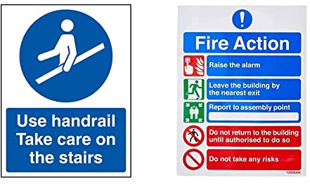 VSafety Use Handrail Take Care On The Stairs Sign - 150x200mm - 1mm Rigid Plastic & General Fire Action 5 Message Risks Sign - Portrait - 150mm x 200mm - Self Adhesive Vinyl