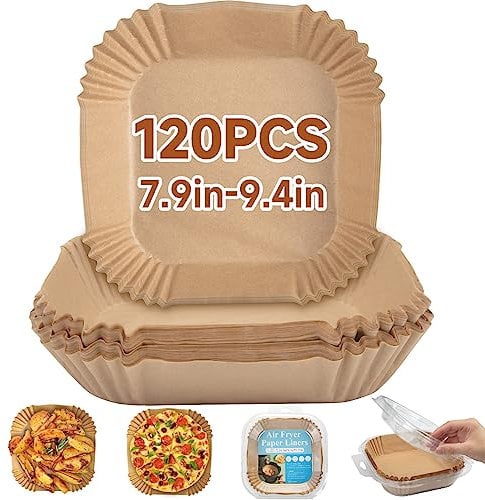 120PCS Air Fryer Liners, HAUSPROFI 7.9 inch Square Disposable Paper Non-Stick Baking Fryer, Food Grade Parchment Compatible with COSORI, Ninja, Tower Brown (Q090)
