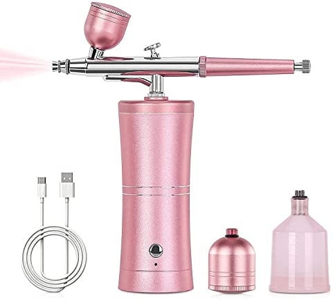 Hiseeyo Airbrush, Upgraded Airbrush Kit with Compressor&rRechargeable Portable Cordless Air Brush Nail Machine, Airbrush Gun Set for Nail Art, Cake Decor, Makeup, Barber, Model Painting (Pink)