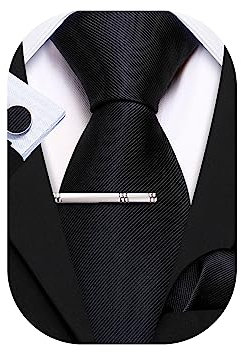 Barry.Wang Herren-Krawatten-Set mit Einstecktuch, Manschettenknöpfen und Krawattenspange, 4-teiliges Set, seidige Farbe, Paisleydesign, modisch, elegant, floral, Hochzeit, Schwarz, Einheitsgröße