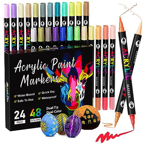 Patamiyar Feutre Acrylique, 48 Couleurs Marqueurs Peinture Acrylique pour Roche, Marqueur Permanent pour Pierres Bois Verre Toile Papier Céramique DIY
