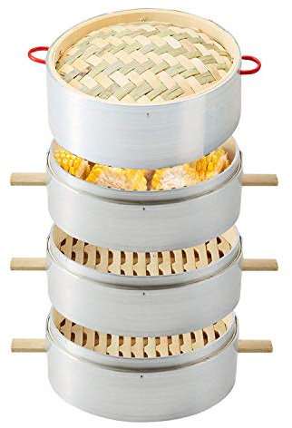Vaporera de bambú hecha a mano, cestas de 1 a 4 niveles de 20 cm, albóndigas Dim Sum, pollo pescado y carne, 3+1