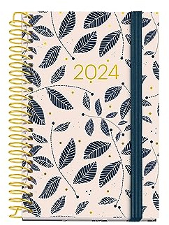 Miquelrius - Jahreskalender 2024, Tagesansicht, Caddy 80 x 120 mm, Hardcover, Spiralbindung, Gummiverschluss, Katalanisch, Englisch und Portugiesisch, Blätter mit Goldstempel