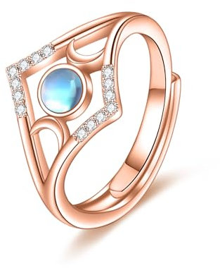 Mondstein Mond Ring 925 Sterling Silber Verlobungsring Damen Einstellbar Dreifach Mondgöttin Schmuck Geschenke (Roségold)