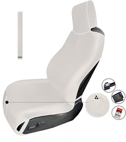 1Pc Verbesserte Verbreiterte Neopren Schonbezug Autositz Vorne, Wasserdichte Sitzschoner Handtuch Universal Rutschfest mit 3 Schnallengurten und Kleine Tasche für Hunde Kinder Van SUV (Elfenbeinweiß)