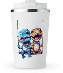 MAXIKIWI - Insulated Double Walled, Leakproof Stainless Steel Mug, Coffee or Tea Travel Tumbler with Lid, Keep Drinks Hot and Cold - Couple Dinosaur - 350ml