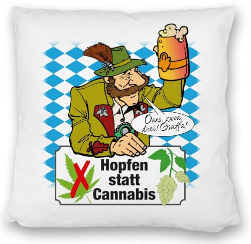 Hopfen statt Cannabis Kissen satiniert mit Spruch Oans zwoa DREI Gsuffa Oans zwoa gsuffa Origineller Bierkrug-Spruch Bayern-Flair geistreiches Geschenk