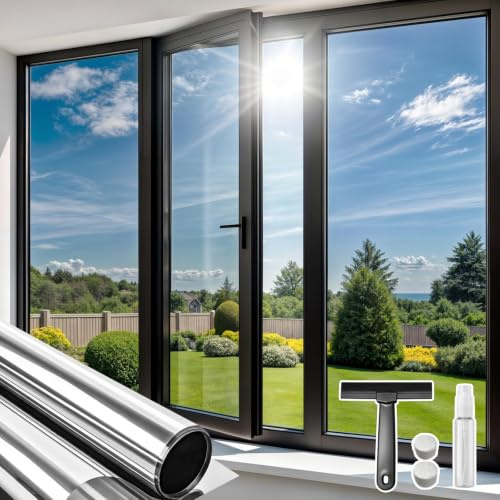 Qualsen Vinilo Espejo para Ventanas Privacidad Plateado-Plateado 44.3x400cm | Lamina Solar Ventana anti Calor, Película Térmico Control de Unidireccional, Anti UV Adhesión Estática para Hogar Oficina