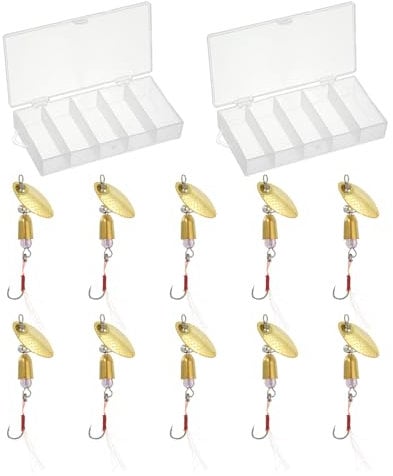 PATIKIL Fishing Lures Spinnerbait, 10 Pack Trout Lures Rooster Tail Fishing Lures Single Hook Trout Spinners 1/5 oz with 2 Tackle Boxes for Freshwater Saltwater Fishing, Gold Tone