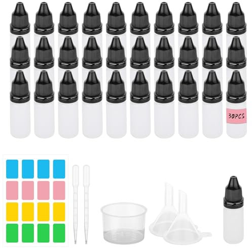 OFFCUP Plastic Dropper Bottle, 30pcs 10ml Squeezable Dropper Bottles Reusable Eye Liquid Empty Dropper Bottles with 1 Measuring Cup 2 Funnels 2 Dropper 16 Labels, for Eye Drops, Essential Oils