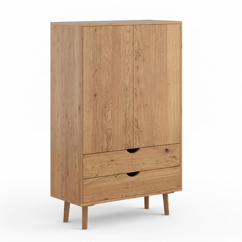 Lomadox Highboard Midischrank Mehrzweckschrank mit 2 Schubladen Eiche massiv