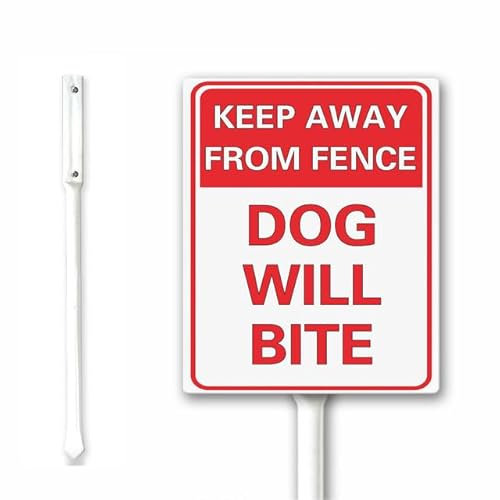 Keep Away from Fence Dog Will Bite Warning Yard Sign With Stake, 18x22cm, Rust Free Heavy Aluminum, Weatherproof and Fade Resistant