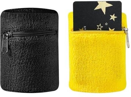 2 Stück Handgelenktasche, Handgelenk Tasche mit Reißverschluss Sport, Schweißbänder Handgelenk Beutel Damen mit Reißverschluss, Schweissband Handgelenk Herren für Laufen gehen Fahrrad(Schwarz,Gelb)