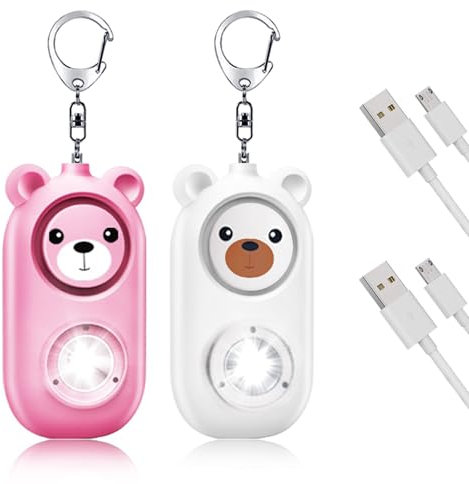 Shackcom 2pcs Alarme Personnelle 130dB Alarme de Poche avec Lumière Flash LED Avertisseur Alarme de Sécurité Rechargeable Anti Agression Porte-Clés pour Femme Enfants Personne Agées - Ours Blanc+Rose