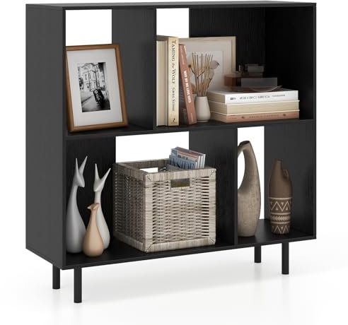 COSTWAY 4/6 Cube Storage Bookcase, Wooden Freestanding Bookshelf Side Cabinet with Metal Legs, Home Display Rack Organizer Unit for Living Room Hallway (Black, 90 x 30 x 90cm)