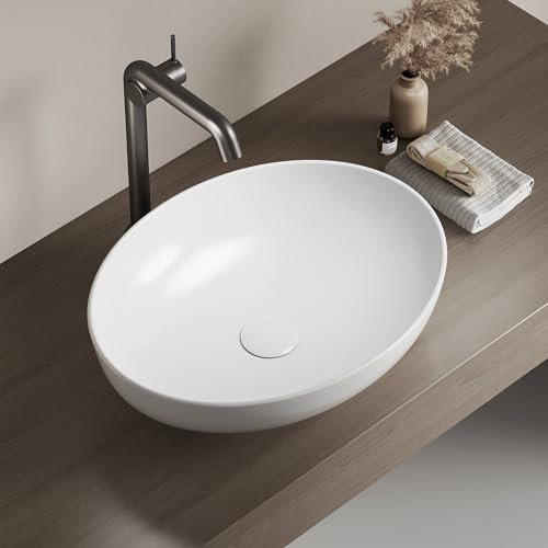 EMKE Lavabo Ovale, 52x39,5x13cm, Bianco Lucido, Ceramica, Montabile, Ideale per Bagni Piccoli e WC Ospiti