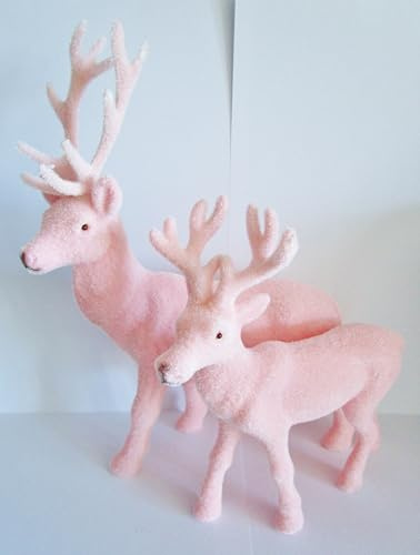Generisch 2er Set Hirsch beflockt rosa 27 cm hoch und 19,5 cm hoch Figur Deko Weihnachten Hirsche