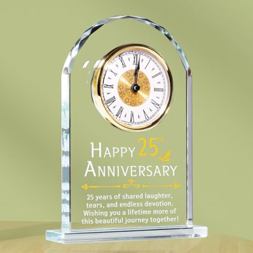 Véfaîî Kristall-Schreibtischuhr, Geschenke, goldene Hochzeit für verheiratete Paare, 25. Jahrestag, Ornamente für Wohnzimmer, Andenken, 25 Jahre Ehe, Geschenke für Sie und Ihn, Tischuhr, Dekoration