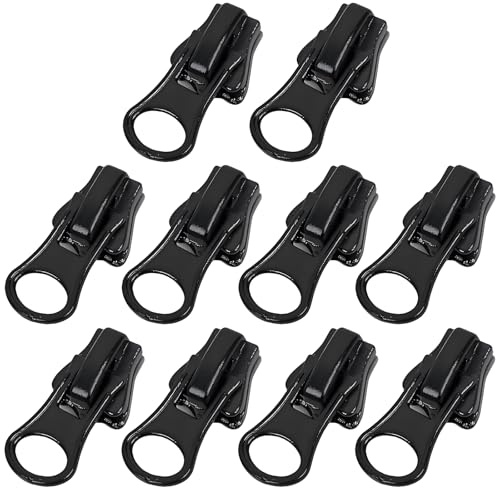 Yuiturt Lot de 10 Curseurs N°5 pour Fermeture Éclair, Autobloquants en Métal/Plastique - Noir - Compatible Veste/Manteau/Jupe/Robe, Kit Réparation Glissière avec Tirette Amovible