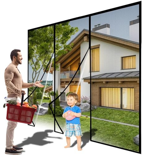 Moustiquaire Porte Fenêtre Magnétique 305x220cm Noir Rideau de Porte Anti moustique Insecte, Moustiquaire Mailles ultra fines pour Couloirs, Patio, Fermeture Automatique Sans Perçage Rideau Porte