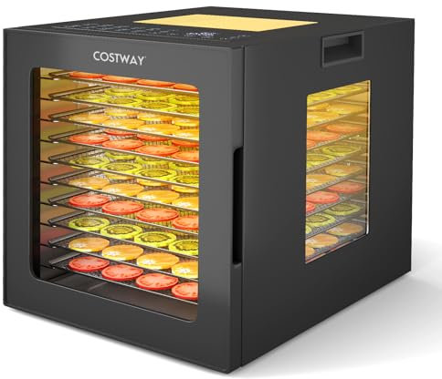 COSTWAY 850W Dörrautomat inkl. 10 Edelstahl-Schalen, Dörrgerät mit 10 voreingestellten Programmen, 48H Timer & 30-75℃ Temperatur, Lebensmittel-Trockner für Obst, Gemüse, Fleisch