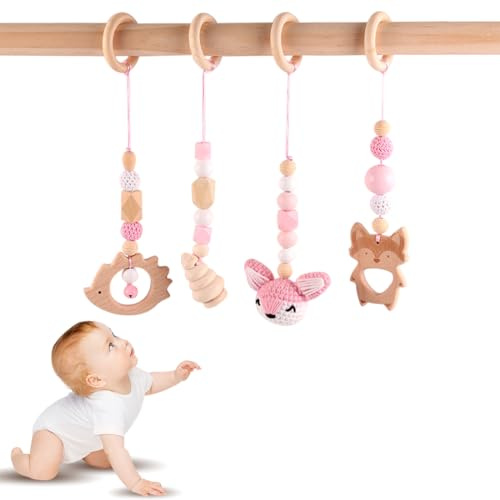 Tutamaz Baby Gym Anhänger 4 Stück, Anhänger Spielbogen Baby, Spielbogen Anhänger Holz, Spielbogen Baby Spielzeug ab 0 Monate Spielebogen Babies Toys Spielbögen Babyspielzeug für Mädchen Jungen Baby