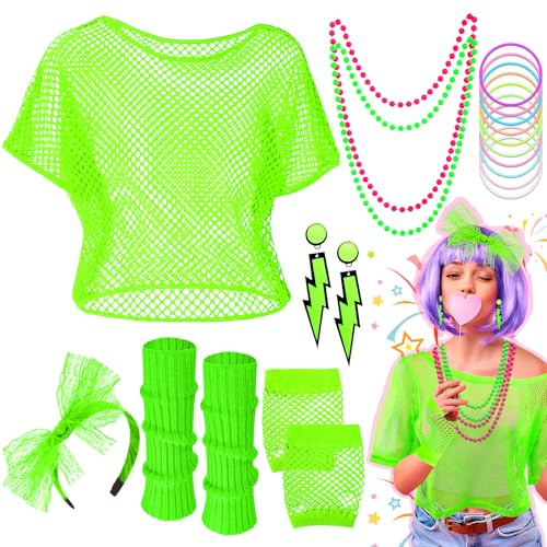 Sekepingo 80er Jahre Outfit Damen, 20 Stück 80er Jahre Kleidung Damen Set,Neon Net T-Shirt Neon-Stirnband Beinwärmer Netzhandschuhe Halskette ArmbandOhrring 90er Jahre Mottoparty Accessoires (Grün)