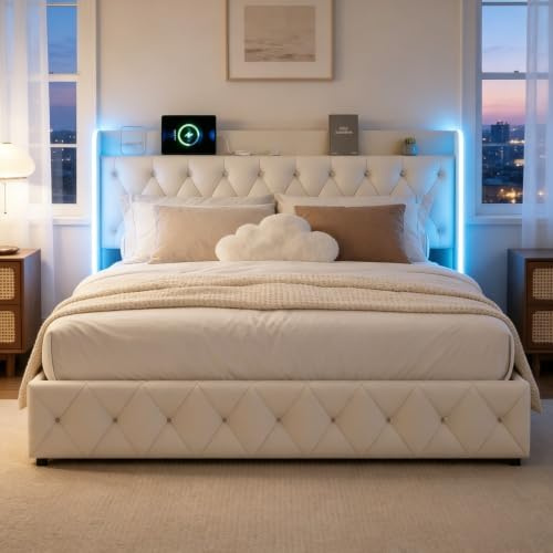 BRILVERDE Polsterbett 140x200 cm, Doppelbett mit LED und USB, Hydraulisch Stauraumbett, Jugendbett mit kopfteil und Lattenrost, Bettgestell, Bettrahmen für Erwachsene, Samt (Beige, 140 x 200 cm)