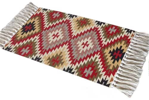 Aniyan Teppich 50x80 cm Boho Baumwollteppich Waschbar mit Quasten, Webteppich Faltbar für Camping Outdoor, Wohnzimmer Schlafzimmer Küche Flur, Handgewebter Antirutsch L?Ufer (Stil F)