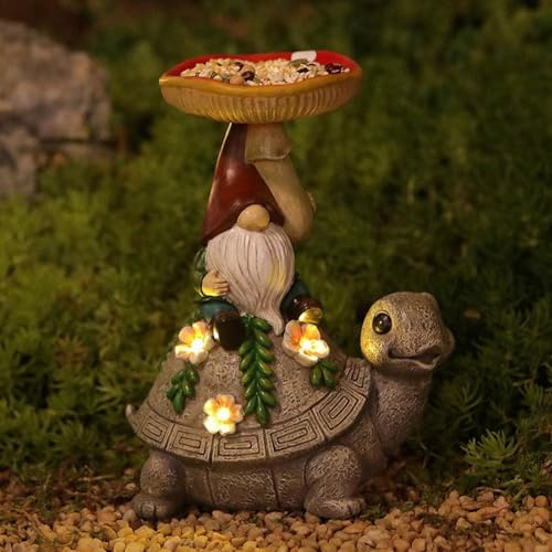 Tuzsocr Solar Schildkröten Statue Zwerge Gartendeko, Schildkröte Figur mit Vogelfütterer Außen Deko, Lustig Gartenzwerge mit LED Solarlampen, Vogelhäuschen Ornament für Draußen, Rasen, Balkon, Hof