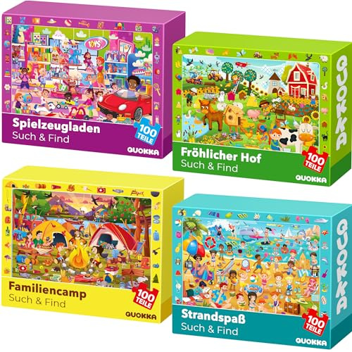 Puzzle für Kinder ab 3-5 Jahren - Puzzle ab 5-6 Jahren | 4x100 Suchen und Finden Kinderpuzzle-Spiele im Bauernhof und Strand - Geschenk für Kinder ab 6-8 Jahren