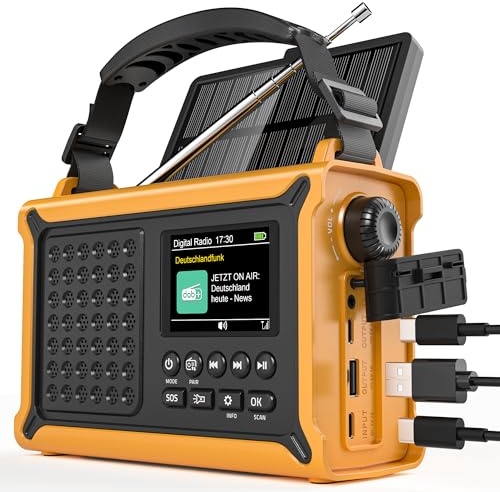 Radio a manovella da 12000 mAh, DAB+/FM, radio di emergenza con pannello solare da 8500 mm² e dinamo a manovella da 650 mA, radio solare con Bluetooth 5.0, torcia e caricabatterie, USB, SOS, radio