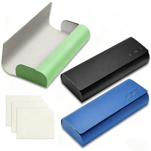 Yonality 3 stück brillenetui hardcase, brillenetui metall aluminium, tragbare hardcase flach brillen etui, drei farben, wird mit einem mikrofasertuch, für sonnenbrille lesebrille sportbrille