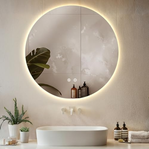 tectake® runder Badezimmerspiegel mit Beleuchtung, Badspiegel, 3 Lichtfarben, LED Spiegel dimmbar, Badezimmer Spiegel mit Touch Schalter und Memory Funktion, beschlagfrei - 80 x 80 cm