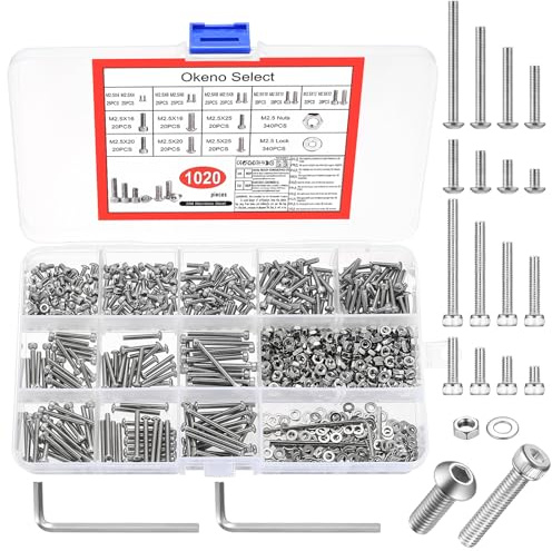 1020StkM2.5 Schrauben Set, Sechskantschrauben mit Muttern Set,Zylinderschrauben mit Innensechskant Schrauben Muttern Sets & Edelstahl Linsenkopfschrauben Gewindeschrauben Maschinenschrauben Sortiment