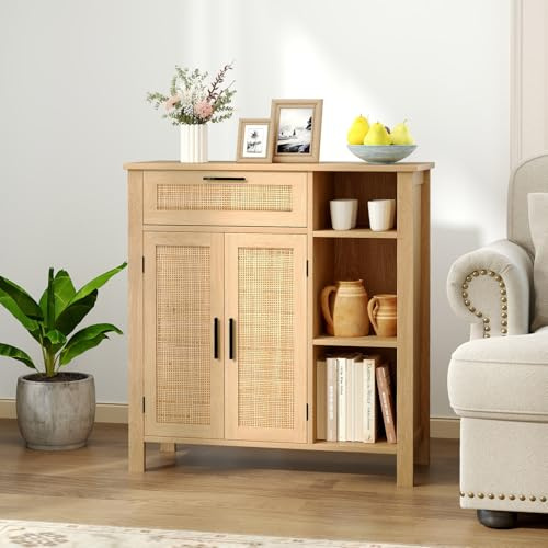 COSTWAY Sideboard Rattan Holz, Buffetschrank mit 2 Rattantüren, 1 Schublade & 3 offenen Fächern, Küchenschrank Kommode, Schrank modern, Buffet für Küche Esszimmer Wohnzimmer, Natur, 75 x 30 x 80 cm