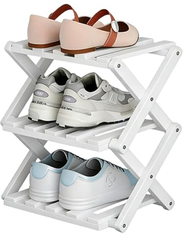 Faltbares Kleines Schuhregal, 3 Etagen, aus Bambus in Weiß – Freistehender Schuh-Organizer für Eingangsbereich, Schlafzimmer, Wohnzimmerecke & Schrank | Ohne Installation | Platzsparend & Stabil