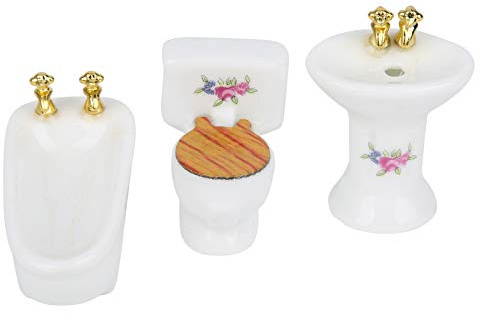 CHEOTIME 3-teiliges 1:24 Puppenhaus-Badezimmer-Set, Porzellan, Miniatur-Möbel, Spielzeug, Keramik, vierblättriges Kleeblatt, Puppenhaus, Toilette, Waschbecken, Badewanne, Spiegel, (Rose)