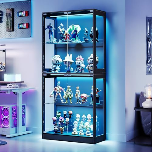 LUXOAK Vitrinenschrank aus Glas, extra hoch 178 cm, 4 Ebenen – mit LED-Beleuchtung und APP-Steuerung, verstellbare Glasböden, Sammlervitrine für Figuren & Modelle,Schwarz