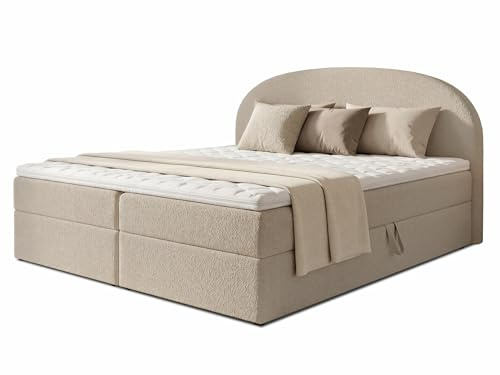 Sofnet Boxspringbett Cloud mit 2 Bettkästen, Doppelbett mit Bonell-Matratze und Topper, Polsterbett in weichem Bouclé-Stoff, Bett, Bettgestell für Schlafzimmer (Beige (Coral 65), 180 x 200 cm)