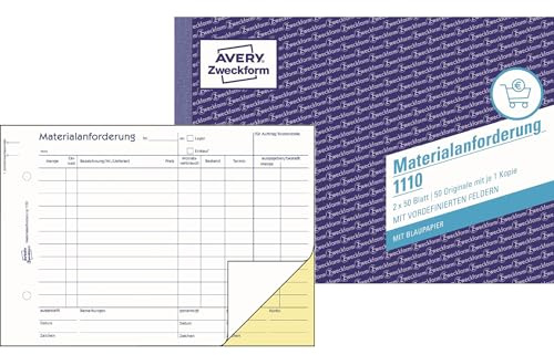 AVERY Zweckform 1110 Materialanforderung (A5 quer, 2x50 Blatt, mit 1 Blatt Blaupapier und 1 Durchschlag, zur Angabe von Menge, Bezeichnung, Kostenstelle, Verbrauch, Buchung u.v.m) weiß/gelb